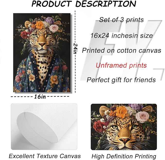 Bathroom Leopard In a Bathrobe Wall Art Maximalist Eclectic Cheetah Posters Pictures Animals And Flowers Canvas Prints Funky Animals Painting Wall Decor y2k Aesthetic Room Decoration Unframed