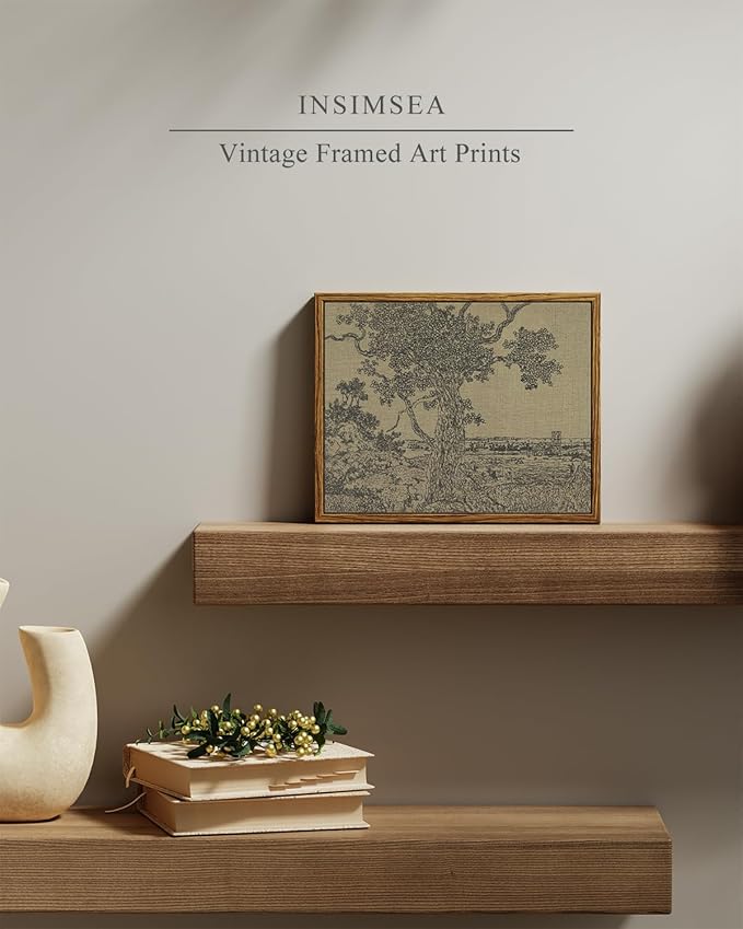 InSimSea Framed Canvas Print Art, Vintage Sketch Tree Landscape Painting, Rustic Farmhouse Cottage Decor for Hallway Wall Floating Shelf Desk Vanity Fireplace,10x8in, Neutral Tones