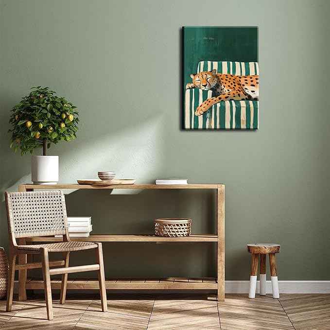 Sleepy Leopard Canvas Wall Art Maximalist Emerald Green Cheetah Wall Decor Pictures Trendy Eclectic Leopard Animal Poster Prints Aesthetic Apartment Dorm Bedroom Home Decoration 12x16in