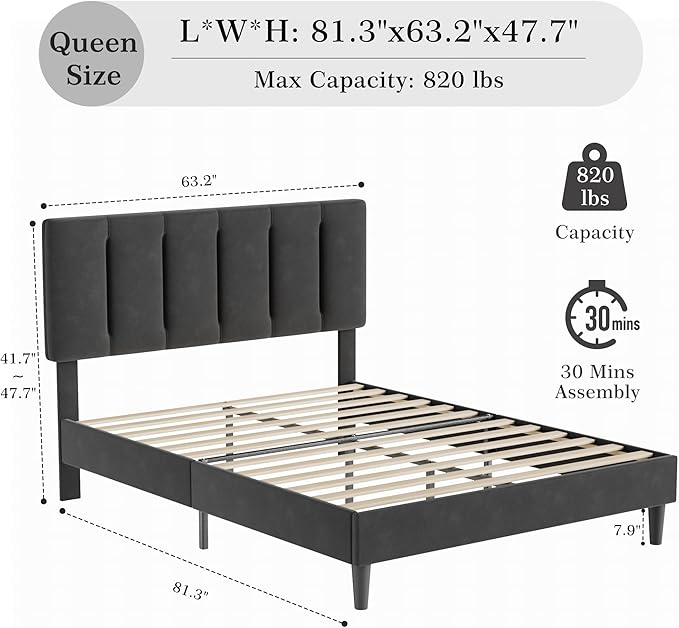 VECELO Queen Bed Frame with Upholstered Headboard, Heavy-Duty Platform Bedframe with Strong Wooden Slats Support, No Boxing Spring Needed, Velvet & Black
