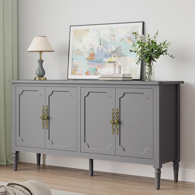 RoyalCraft 59" Buffet Cabinet with Storage, Vintage Sideboard with Adjustable Shelves & Carved Handle, Mid Century Modern Painted Credenza Coffee Bar for Kitchen, Dining Room, Dove Gray