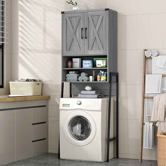 Vabches Over The Toilet Storage Cabinet, Farmhouse Over Toilet Storage Cabinet, Metal Frame with 2 Barn Doors, Home Space-Saving Toilet Rack for Bathroom, Toilet, Laundry Room.