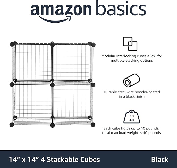 Amazon Basics 4 Cube Wire Grid Storage Organizer, Closet Organizer and Shelves, Stackable, Space-Saving, Easy to Assemble, 14"x14"x14", Black