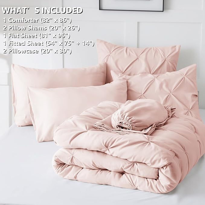 CozyLux Full Size Comforter Sets Blush Pink, 7 Pieces Pintuck Bed in A Bag Pink Comforter Full Size, Pinch Pleat Bedding Sets with All Season Comforter, Sheets, Pillowcases & Shams