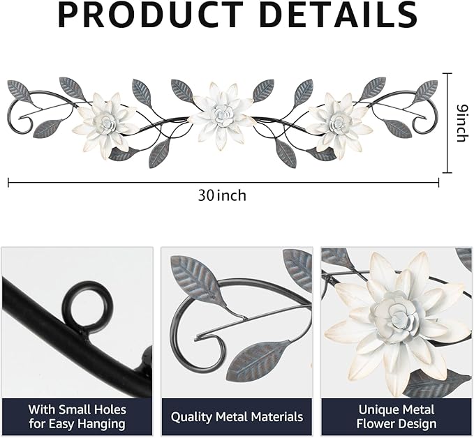 KHJCXS Metal Wall Art Modern Minimalist Metal Flowers Indoor Decor Horizontal Wall Art Iron Artwork,for Over Door,Bedroom,Living Room,Kitchen,Office Scroll Decor