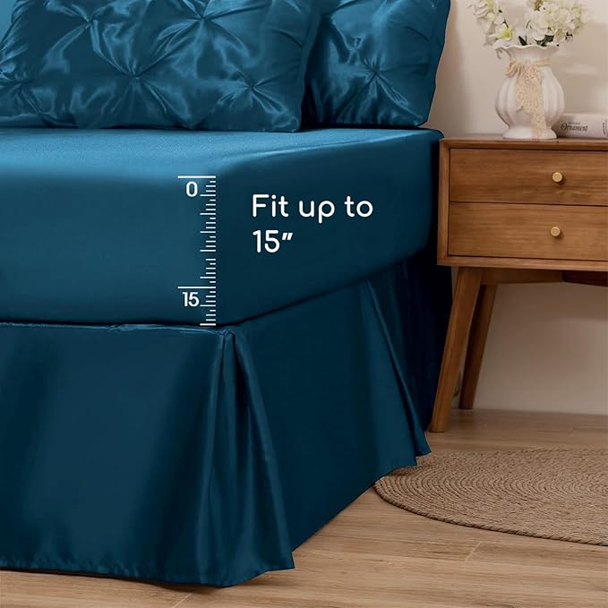 MR&HM Satin Comforter Full 7 Pieces - Luxurious Pinch Pleat Bedding Set with Comforter, Flat Sheet, Fitted Sheet, Pillowcases & Shams, Super Silky Soft Bed Set for All Season (Full, Teal)