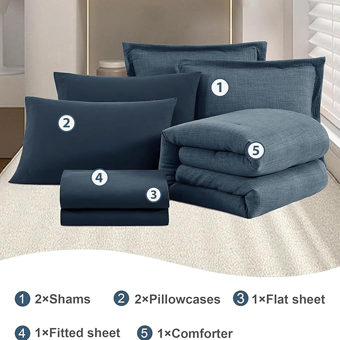 Geniospin Full Comforter Set - 7 Pieces Comforter Full Size, Solid Bedding Sets for All Season, Textured Bed in a Bag with Flat Sheet and Fitted Sheet, Pillowcases and Shams (Navy Blue, 80''x90'')