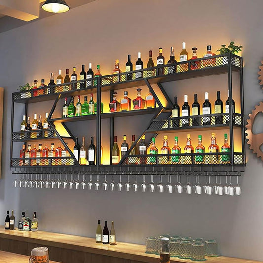 Wall Mounted Wine Rack with Glass Holder, 3-Tier Metal Storage Shelf, Black Diamond Design, Wine Bottle Display with Stemware Storage (Black, 63in/160cm)