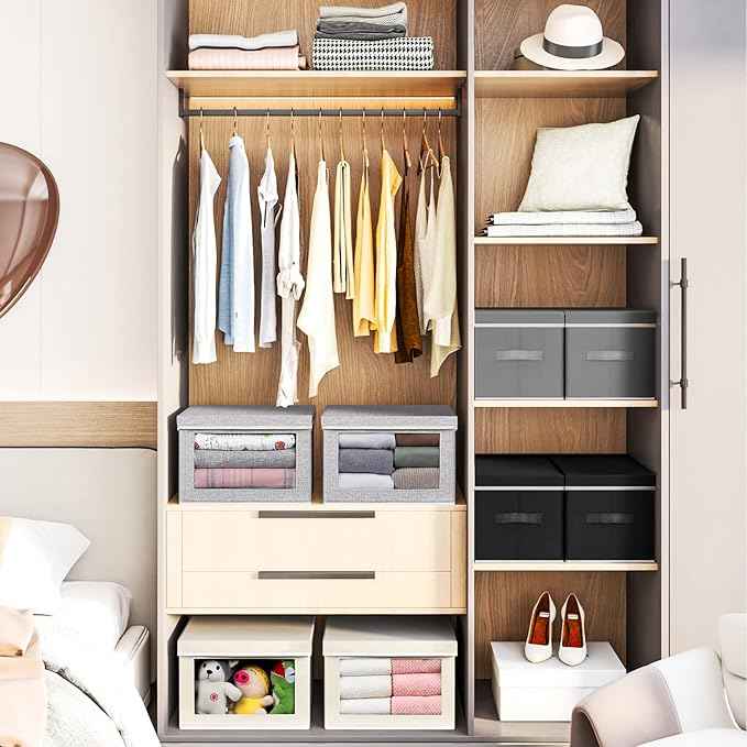 Cube Storage Bins with Lids, Clear Window Storage Baskets for Organizing, Fabric Organizer Bins for Shelves, Closet, Clothes, Towels