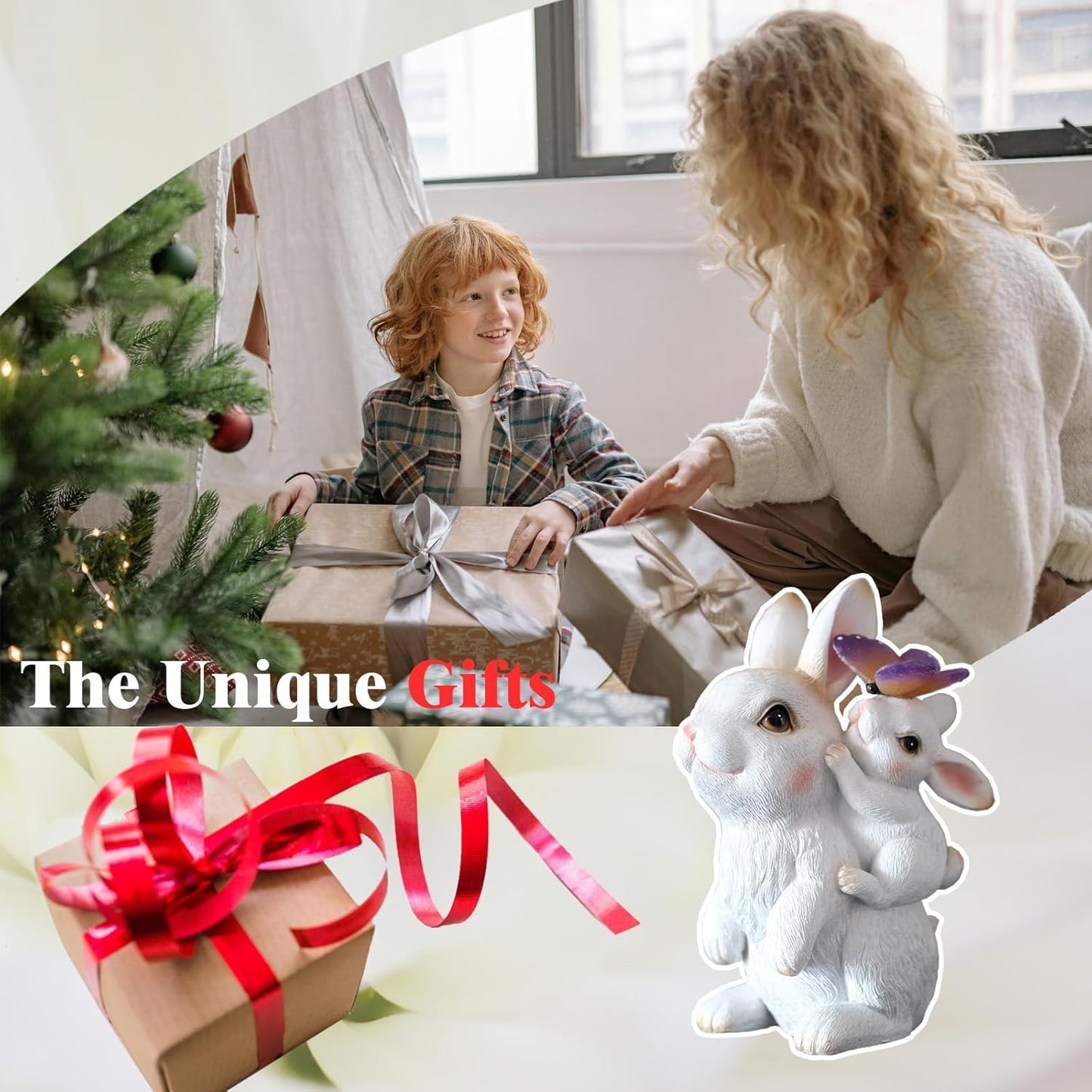 Solar Garden Statues Rabbit with Solar Lights,Mother&Baby Bunny Figurine with Butterfly Changing Lights for Yard Art Garden&Patio Decor,Unique Easter&Birthday Gifts for Women Mom Grandma