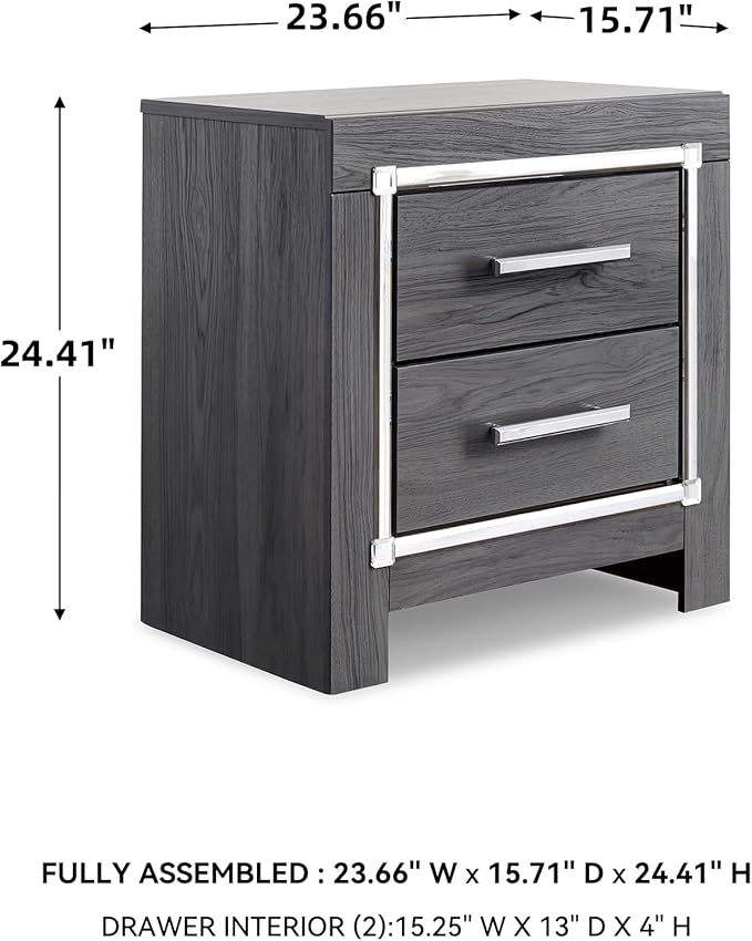 Signature Design by Ashley Lodanna Modern Glam 2 Drawer Nightstand with USB & Wireless Charging Options, 24.41" Tall, Gray Wood Grain