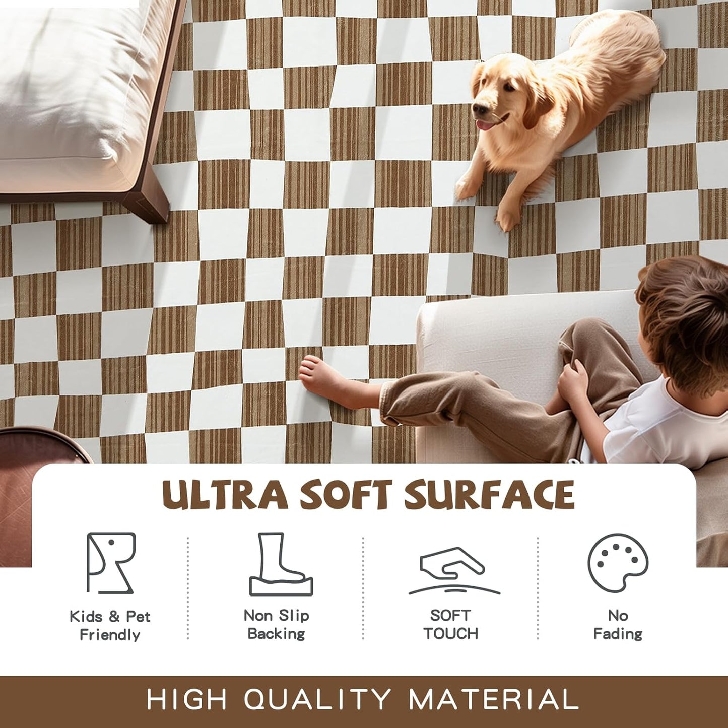 jinchan Runner Rug 2x5 Hallway Washable Modern Checkered Geometric Lattice Kids Bedroom Rug Indoor Floor Cover Non Slip Soft Carpet for Nursery Room Kitchen Laundry Room Home Brown