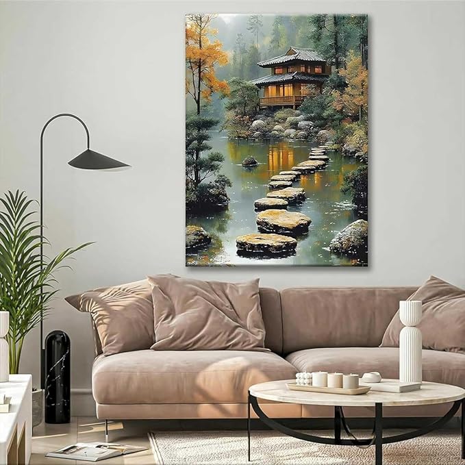 Paint by Numbers Kit for Adults Framed, Japanese Tea House with Stepping Stones, DIY Oil Painting, Pre-Printed Canvas Wall Art Home Decor Gift, 20x24inch Framed, 24 Colors