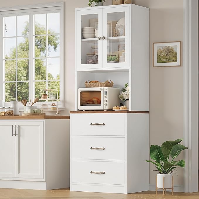 Keyluv 71“ Tall Kitchen Pantry Storage Cabinet with Microwave Stand, Buffet Kitchen Hutch with Shelves and Drawers, Wood Coffee Bar Pantry Cabinet with Glass Doors, for Dining Room/Small Space, White