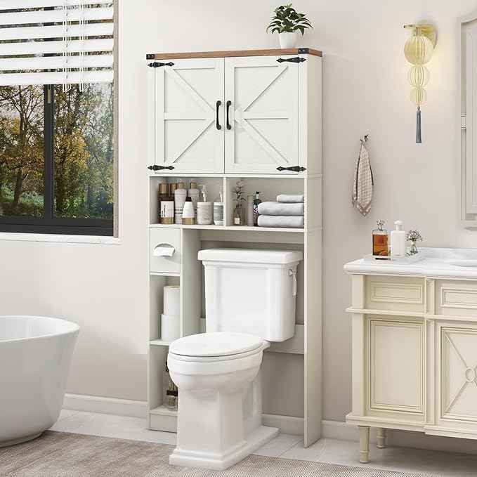 Vabches Over The Toilet Storage Cabinet, Farmhouse Storage Cabinet Over Toilet with 2 Barn Doors && Toilet Paper Holder Stand，Home Space-Saving Toilet Rack, for Laundry, Restroom, Bathroom