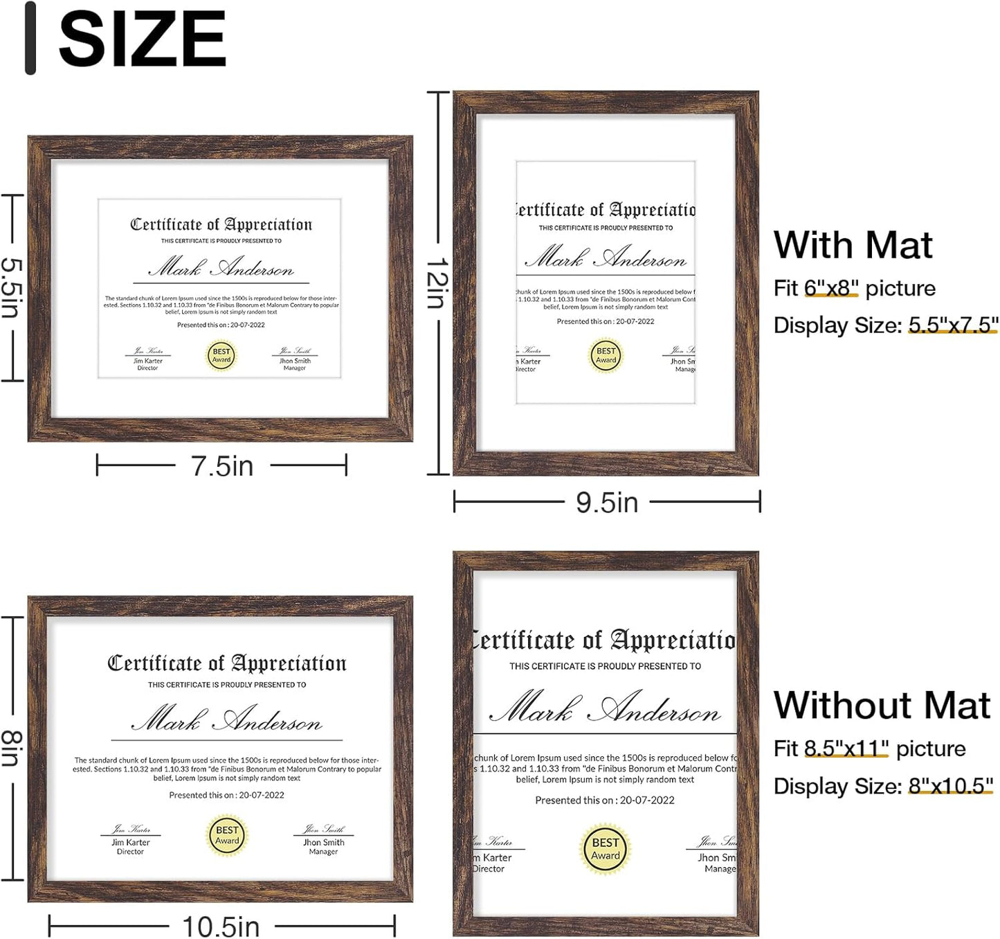 Vittanly 8.5x11 Picture Frames Set of 9, Shatter Resistant Plexiglass, Display 6x8 Pictures with Mat or 8.5x11 without Mat, Photo Frames for Wall or Tabletop, Engineered Wood, Brown