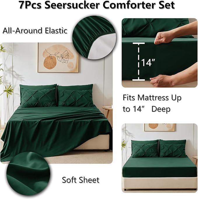 CozyLux King Size Comforter Set Emerald Green, 7 Pieces Pintuck Bed in A Bag Green Comforter King Size, Pinch Pleat Bedding Set with All Season Comforter, Sheets, Pillowcases & Shams