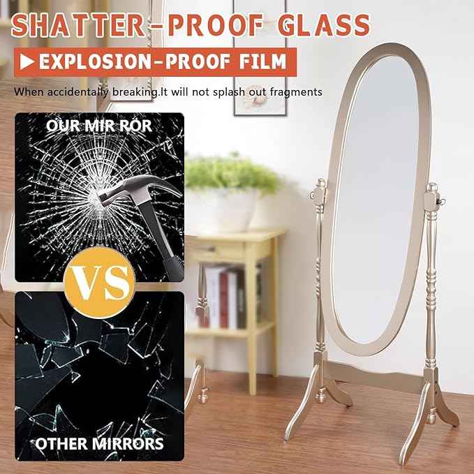 Full Length Mirror with Stand, Swivel Adjustable Oval Wood Cheval Floor Mirror, Dressing Cheval Mirror for Bedroom Livingroom, Interior Gift Idea (Gold)