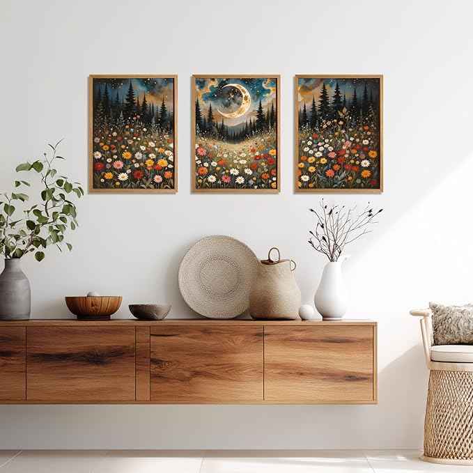 Cyebmo Boho Wildflower Wall Art, Moon Forest Wall Decor, Rustic Mountain Landscape Flower Art Prints, Mystical Starry Night Poster Prints for Living Room Bedroom Office Wood Framed 12''x16''x3