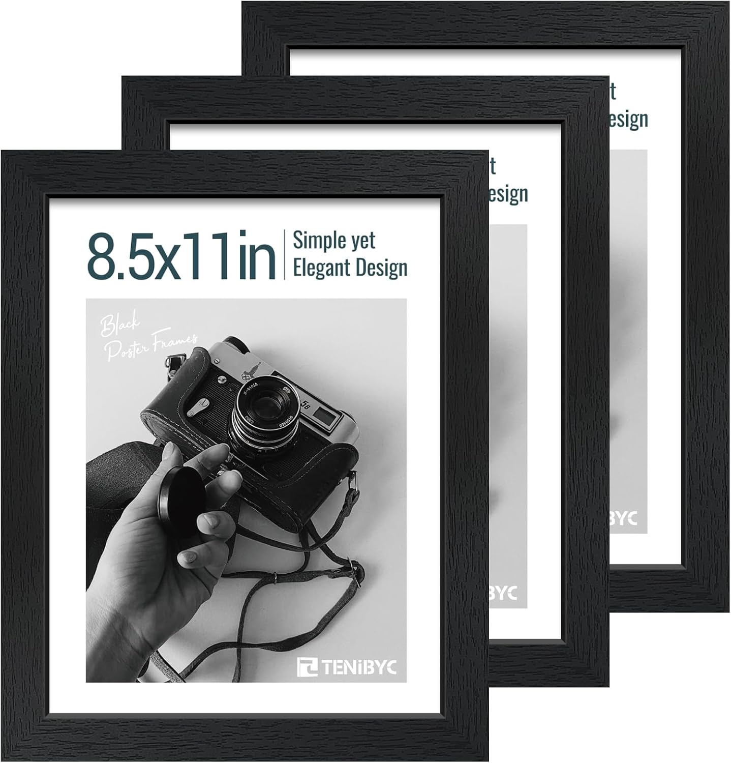 8.5x11 Picture Frame Set of 3 - Black Woodgrain, Solid Wood & HD Tempered Glass, Table Display or Wall Hanging