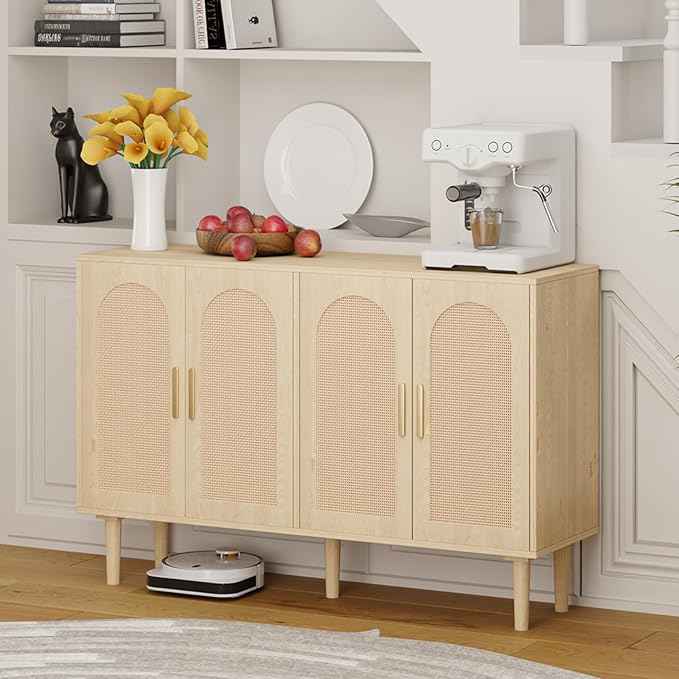 Modern Rattan-Door Sideboard Cabinet – 4-Door Credenza Buffet with Ample Storage, Large Accent Cabinet for Entryway, Living Room, Dining Room & Kitchen, Natural