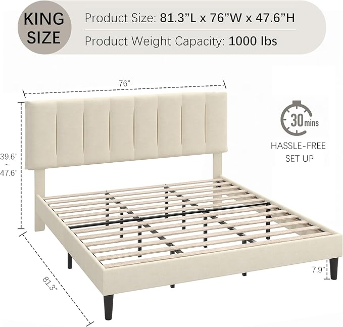 VECELO King Size Bed Frame with Upholstered Headboard, Heavy-Duty Bedframe with Strong Wooden Slats Support, No Boxing Spring Needed, Pale Beige