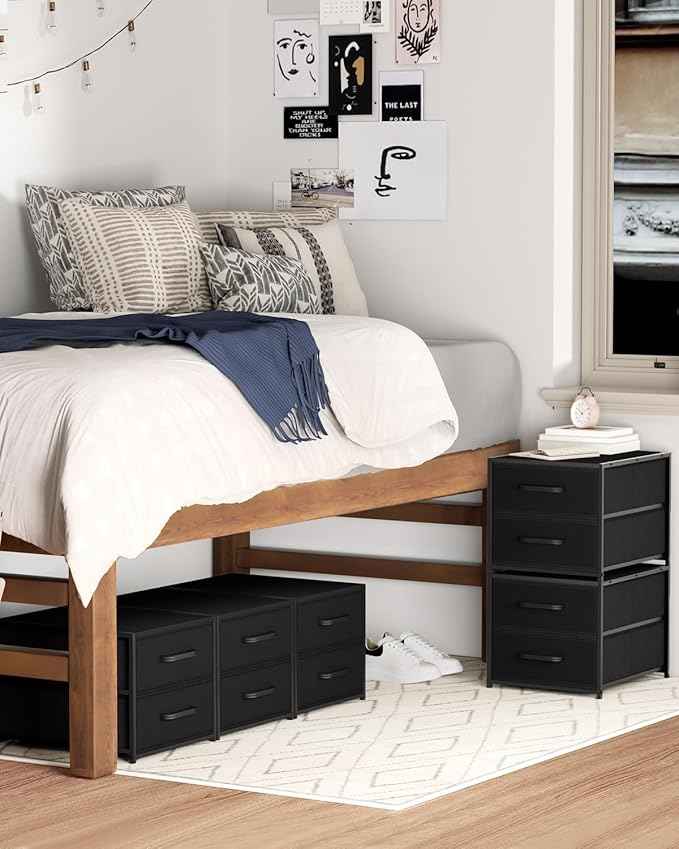 Stackable Storage Drawers - 2 Tier Closet Drawers, Closet Organizer with Metal Handles, Night Stand with Collapsible Bins, Fabric Dresser for Bedroom, Dorm, Office, Black, 2 Pack