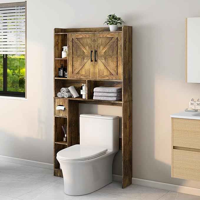 Vabches Over The Toilet Storage Cabinet, Farmhouse Storage Cabinet Over Toilet with 2 Barn Doors & Toilet Paper Holder Stand，Home Space-Saving Toilet Rack, for Bathroom, Restroom, Laundry.