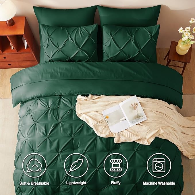 CozyLux Queen Comforter Set Emerald Green, 7 Pieces Pintuck Bed in A Bag, Premium Green Comforter Queen Size, Pinch Pleat Bedding Sets with Comforter, Sheets, Pillowcases & Shams