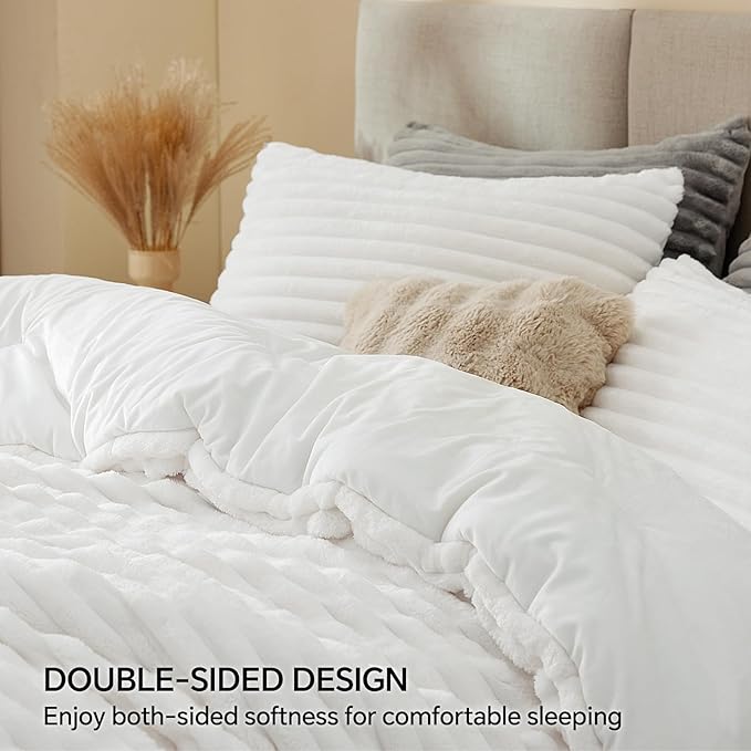 BEDELITE Fleece Oversized Queen Comforter Set -Super Soft & Warm Fluffy Bright White Bedding, Luxury Fuzzy Heavy Bed Set for Winter with 2 Pillow Cases