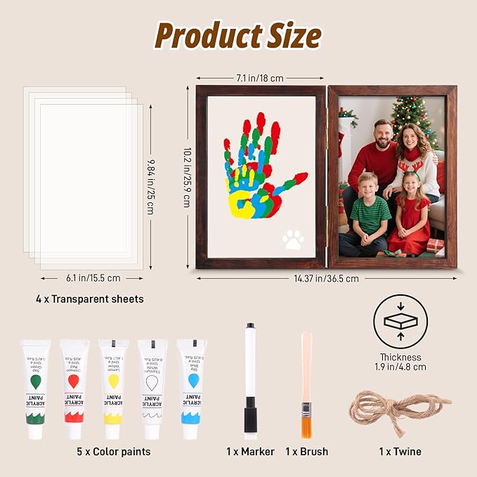Family Handprint Kit with Light, 5 Non-Toxic Paints, Hand Prints Ornament Keepsake Frame for 4, DIY Craft Gift for New Parents & Mom & Baby, Grandparents, Mother's Day, Father's Day
