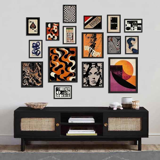 16 PCS Retro 70s Wall Art Decor, Eclectic Vintage Gallery Wall Prints for Bedroom, Abstract Minimalist Posters for Living Room Aesthetic, Collage Kit Pictures, 60s 80s 90s Dorm Home Decor