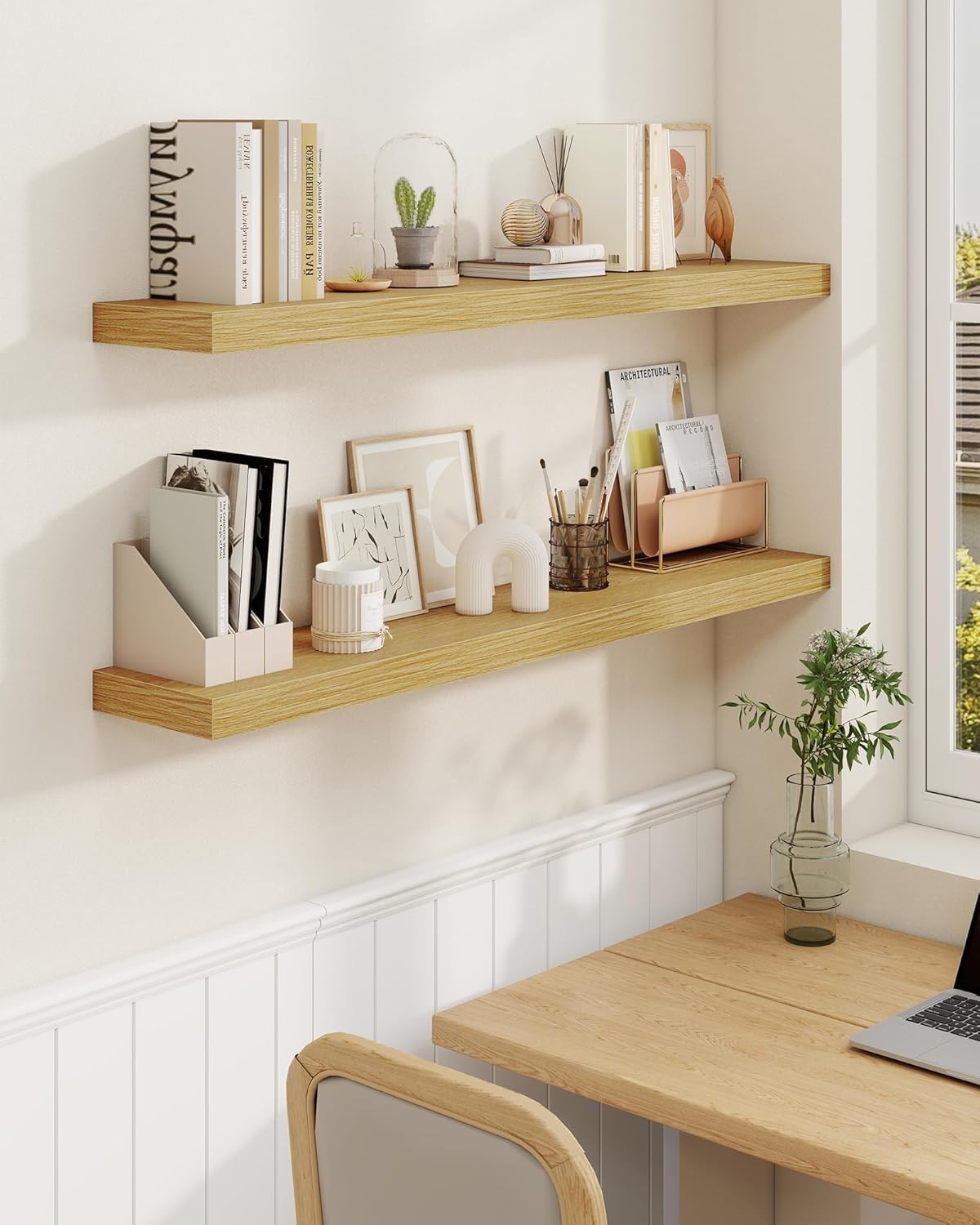 Marsmiles 39" Floating Shelves for Wall, Wooden Shelves with Invisible Brackets Set of 2, Rustic Farmhouse Wall Mounted Shelf for Kitchen Bathroom Living Room Study, Natural Oak