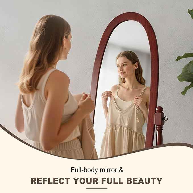 Full Length Mirror with Stand, Vintage Style Wood Floor Cheval Mirror, Traditional Adjustable Free Standing Mirrors Full Length (Cherry)