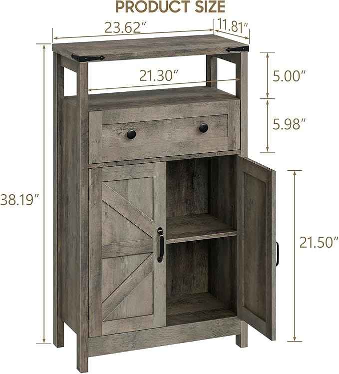 Vabches Farmhouse Storage Cabinet with 2 Doors and 1 Dawer - Side Storage Organizer, Small Bathroom Cabinet for Bathroom, Kitchen, Living Room, Rustic Style, Grey