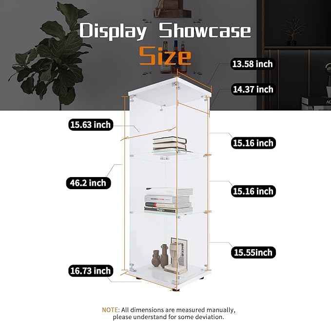 Beauty4U One-Door Glass Display Cabinet, White Curio Cabinets for Living Room, Bedroom, Office, Collection Display, Quick Installation in 30 Mins, 3 Shelves White Floor Standing Glass Bookshelf
