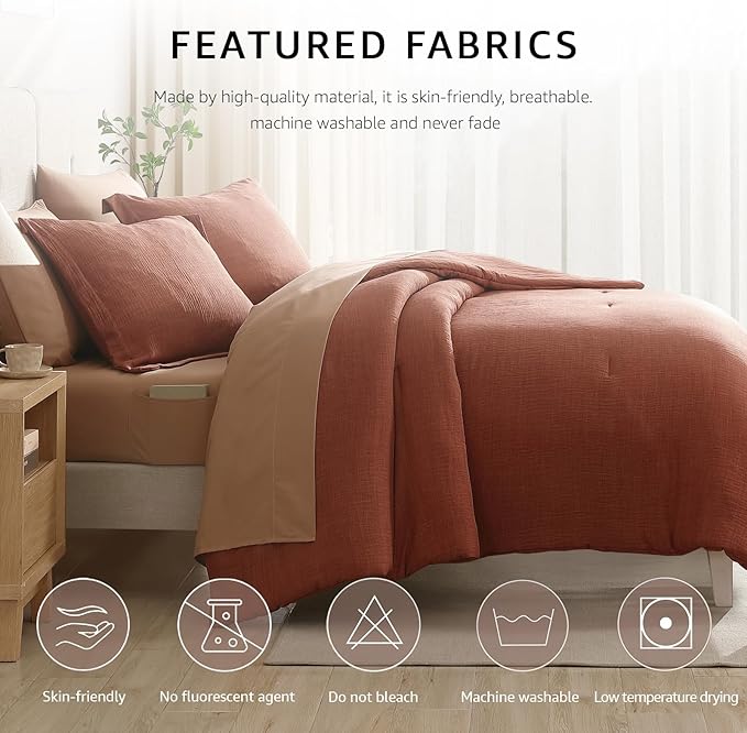 Geniospin Queen Size Comforter Set- 7 Pieces Terracotta Textured King Bedding Set, Soft Solid Bed in a Bag for All Seasons, Fall Comforter Set with Sheets