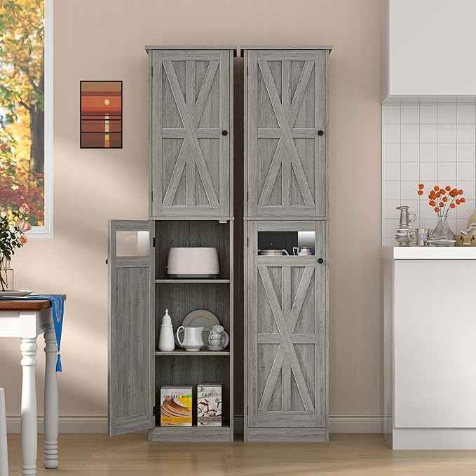 Vabches Tall Bathroom Cabinet, Slim Bathroom Storage Cabinet with Adjustable Shelves and 2 Doors, Narrow Floor Storage Cabinet for Bathrooms, Kitchen, Living Room, Rustic Grey