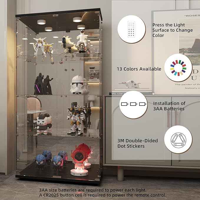 Beauty4U Glass Display Cabinet with LED Lights and Mirror, 4 Shelves with 2 Doors, Curio Cabinets for Living Room, Bedroom, Office, Black Floor Standing Glass Bookshelf, Quick Installation