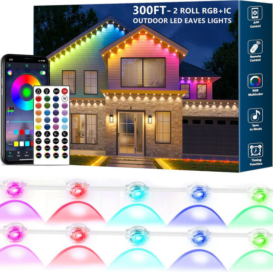 Permanent Outdoor Lights,300ft RGB + IC Smart LED Eaves Lights with App & Remote Control, IP67 Waterproof,for Christmas and All Holiday Decor,Daily and Accent Lighting,House Roof and Garden Lighting