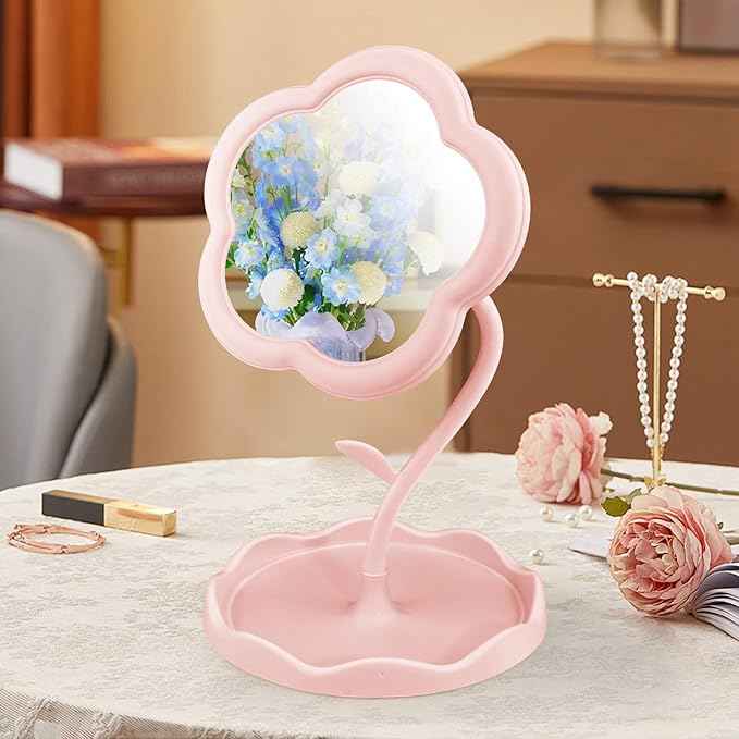 Vanity Mirror, Desk Flower Compact Adjustable Desk Mirror, Office Cubicle with Jewelry Tray & Foundation Brush, Cute Makeup Mirror with Standing, Home Decor for Bedroom Living Room Dormitory(Pink)