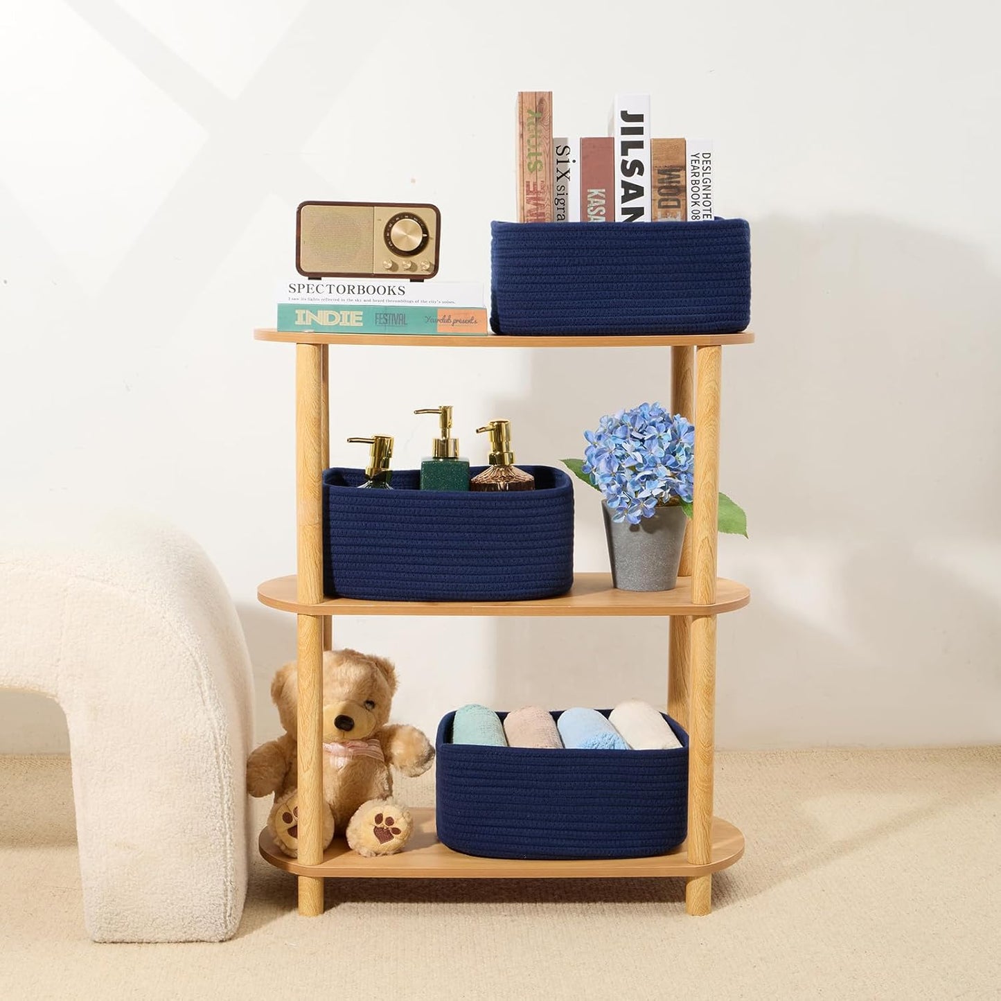 Small Storage Baskets for Organizing | Closet Organizer Bins | Shelf Toy Basket | Woven Rope Baskets | Cube Decorative Box | Shallow Basket | 13x8.5x5.1” | 4 Packs Navy Blue