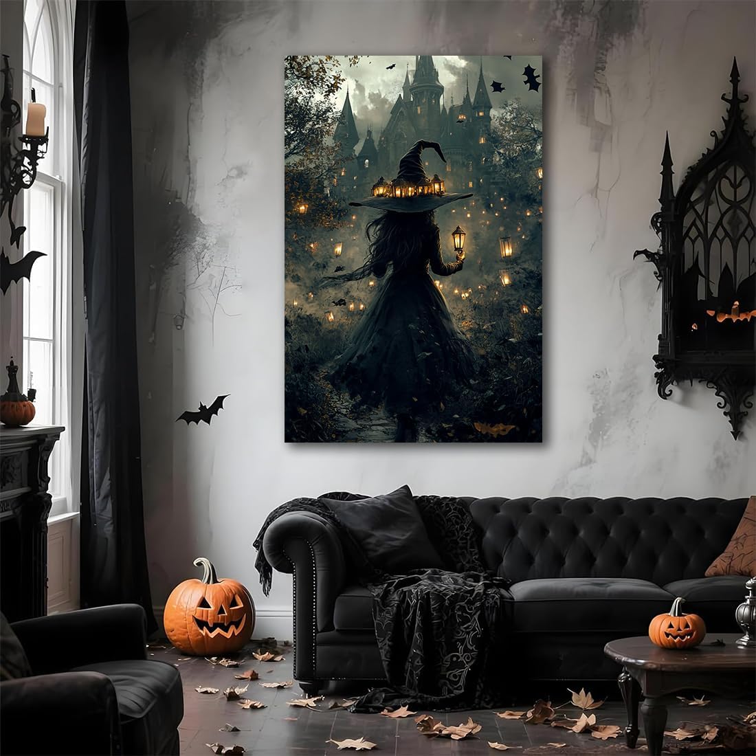 Halloween Witch and Haunted House Canvas Wall Art,Dark Academia Scary Witch Castle Posters Prints,Thriller Horror Gothic Wall Decor Pictures for Halloween Party House Decoration,16"x24" Unframed