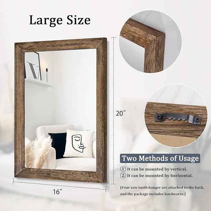 AAZZKANG Rustic Wood Mirror Rectangle Decorative Wall Mirrors with Frame Large 20"x16"for Bedroom Living Room Bathroom Entryway Hanging Brown
