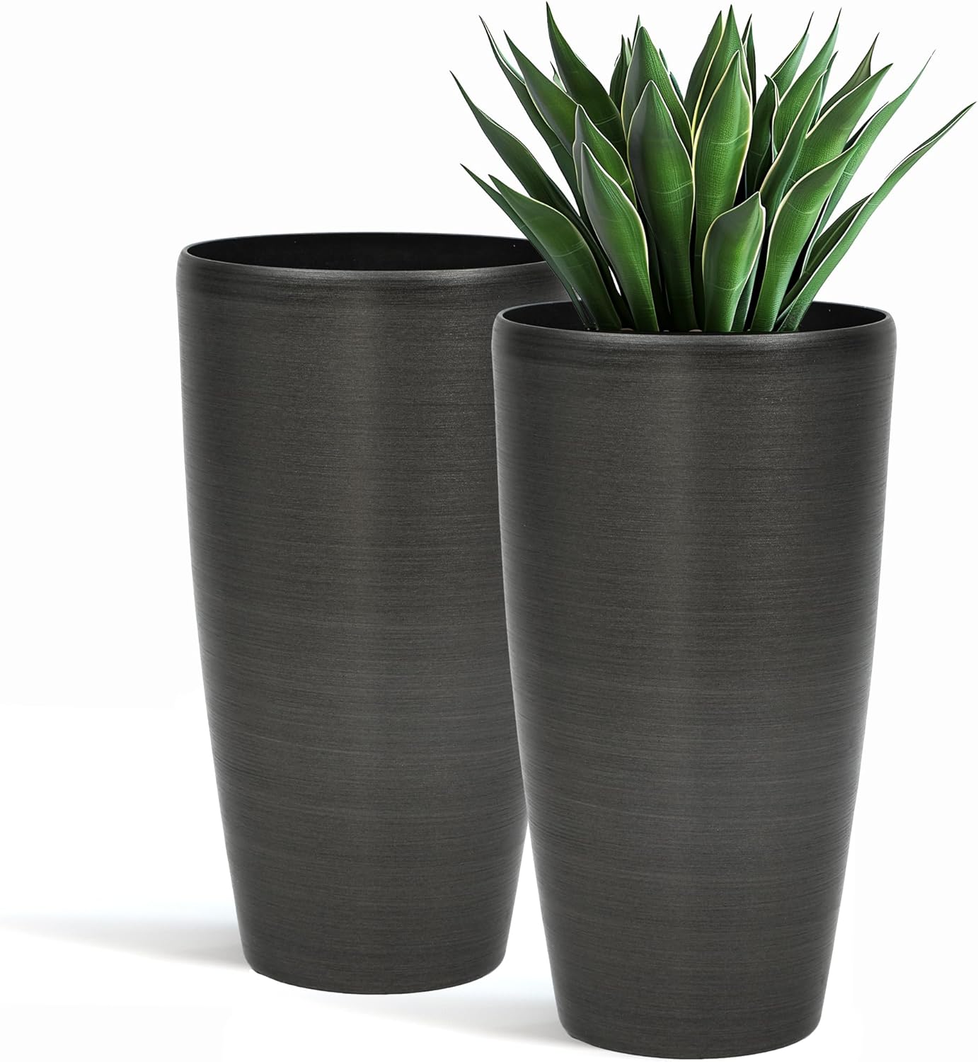 22.8" Resin Planters for Outdoor Plants, Set of 2 Modern Large Flower Pots with Handmade Brushed Metal Finish, Weather Resistant for Indoor/Outdoor Year-Round Use