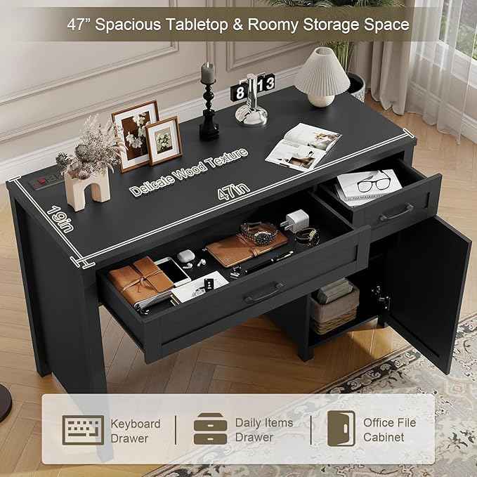 Vabches Farmhouse 47" Executive Desk, Computer Desk with Drawers and Storage Cabinet, Workstation Computer Desk for Home Office, Study.(Pure Black)