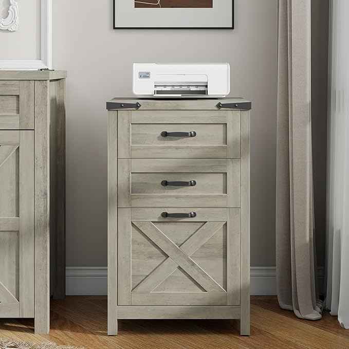Vabches Vertical File Cabinet with 3 Drawers, Wooden Farmhouse Filing Cabinet for Letter/A4 Size Hanging Files, Under Desk Printer Stand with Storage for Home Office, Grey