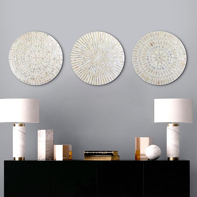 Tioncy 3 Pcs 11.8 Inches Mother of Pearl Shell Plate Coastal Wall Art Mosaic Wall Sculpture Shell Handmade Hanging Plates Arts for Halloween Christmas Bedroom Bathroom Home Office Hotel(White)