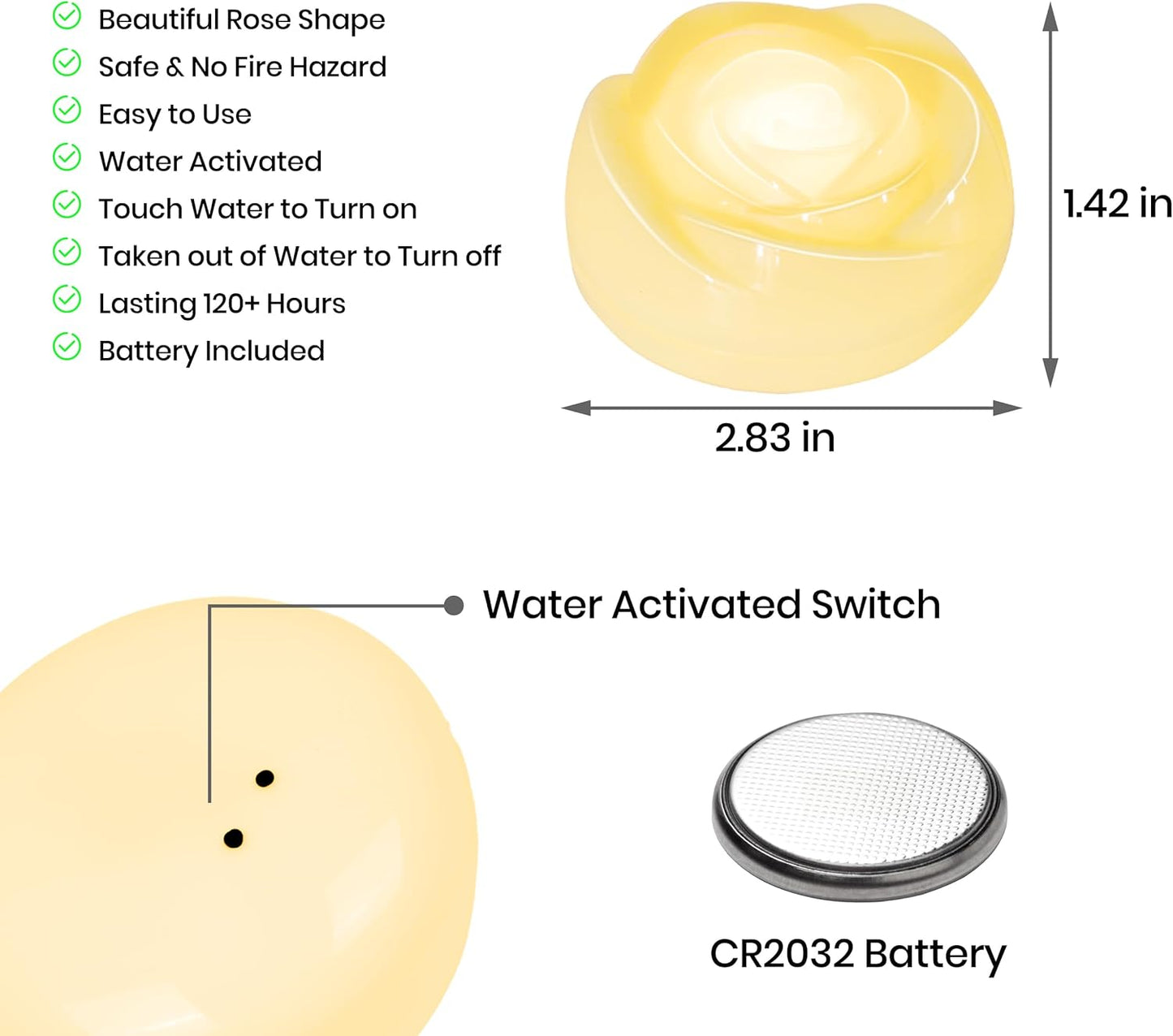 Aignis 12pcs Flameless LED Floating Candles, Ivory Rose Plastic Tealights Battery Operated, 120+ Hours Glow Time, Cozy Light for Romantic Pool/Bathtub/Hot Bath/Wedding Centerpiece Decor(D2.83*H1.42)