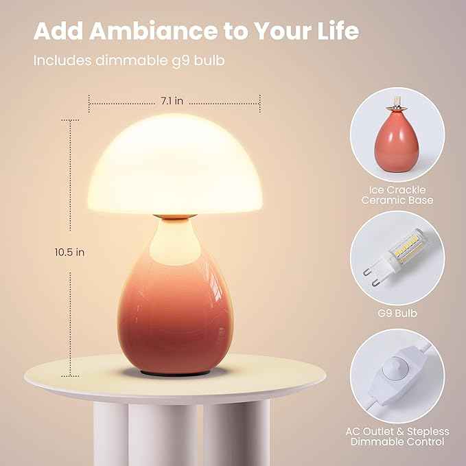 Mushroom Lamp Table Light, Mini Modern Lamp Bedside Small Table Nightstand LED, Small Light Dimmable for Bedroom, Living Room, Ceramic Base Glass Led Home Decor for Woman Children Gift
